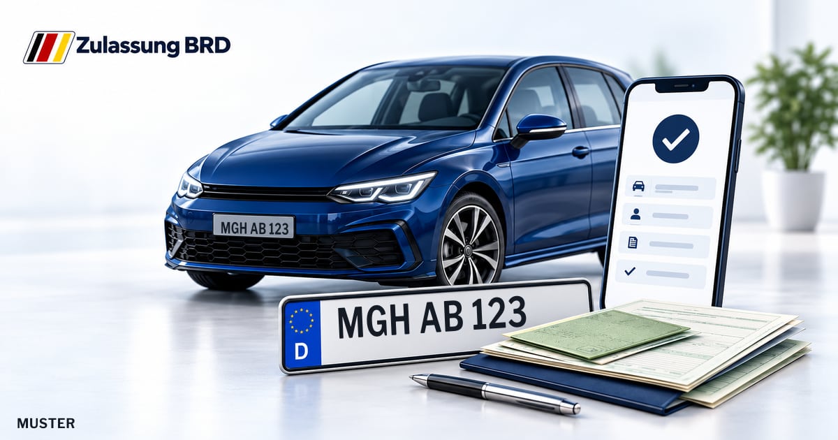Online Fahrzeugzulassung in Tauberbischofsheim: Musterkennzeichen MGH AB 123, Auto und Fahrzeugpapiere und Smartphone. Illustration mit Logo von Zulassung BRD.